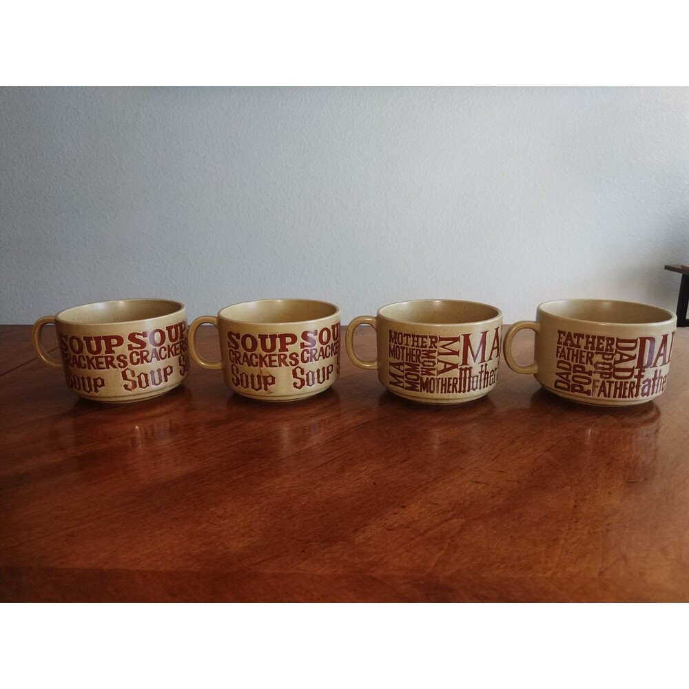 Lot 4x Vintage 1970’s Soup & Crackers Mom Dad Speckled Stoneware Mugs Japan Tan - Picture 2 of 15